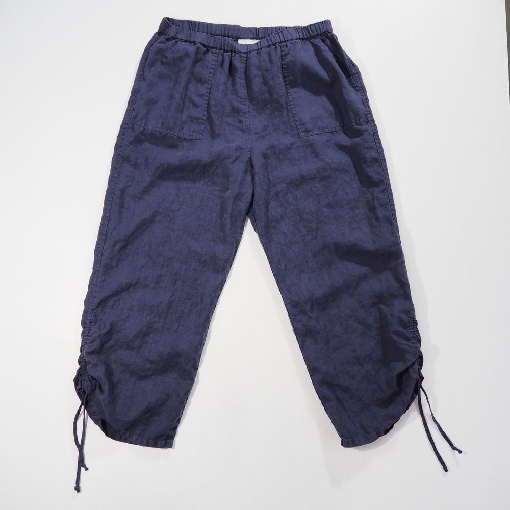 Soft Surroundings Pants Women Large Navy Blue Linen Ruched Ankle Cropped Pockets